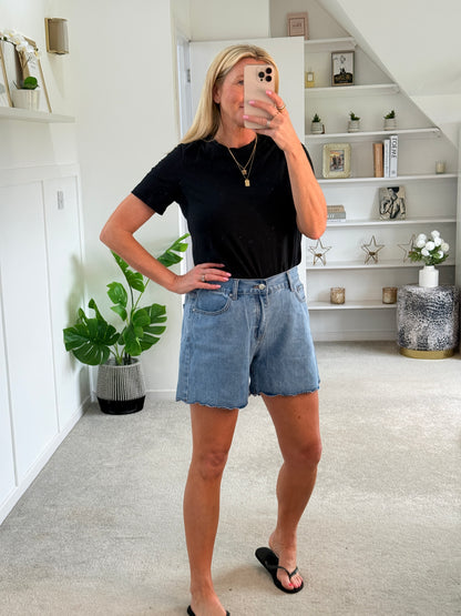 Mid Denim Scallop Edge Shorts