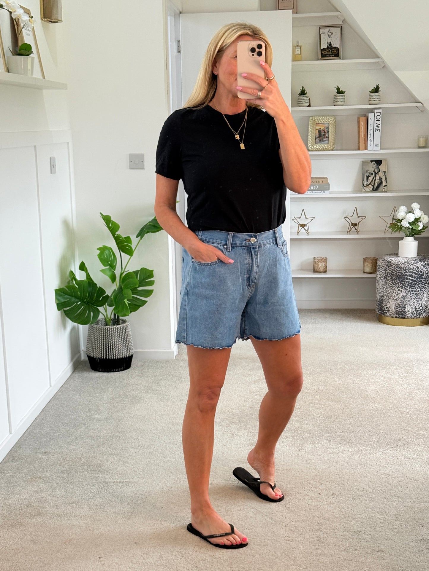 Mid Denim Scallop Edge Shorts