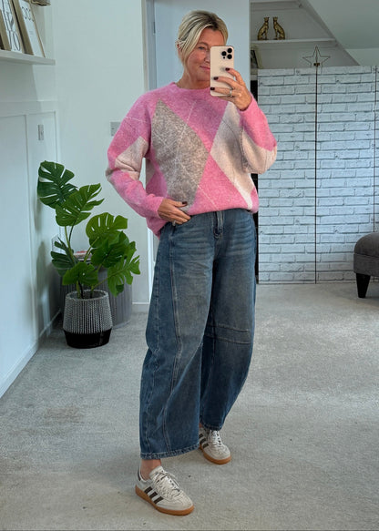 Pink Argyle Crew Neck Jumper