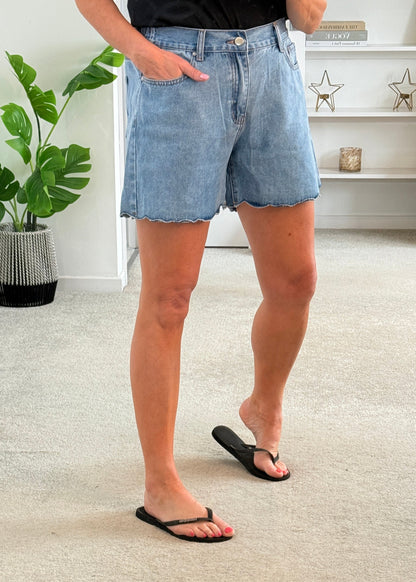 Mid Denim Scallop Edge Shorts