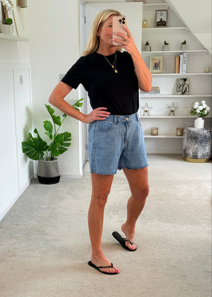Mid Denim Scallop Edge Shorts