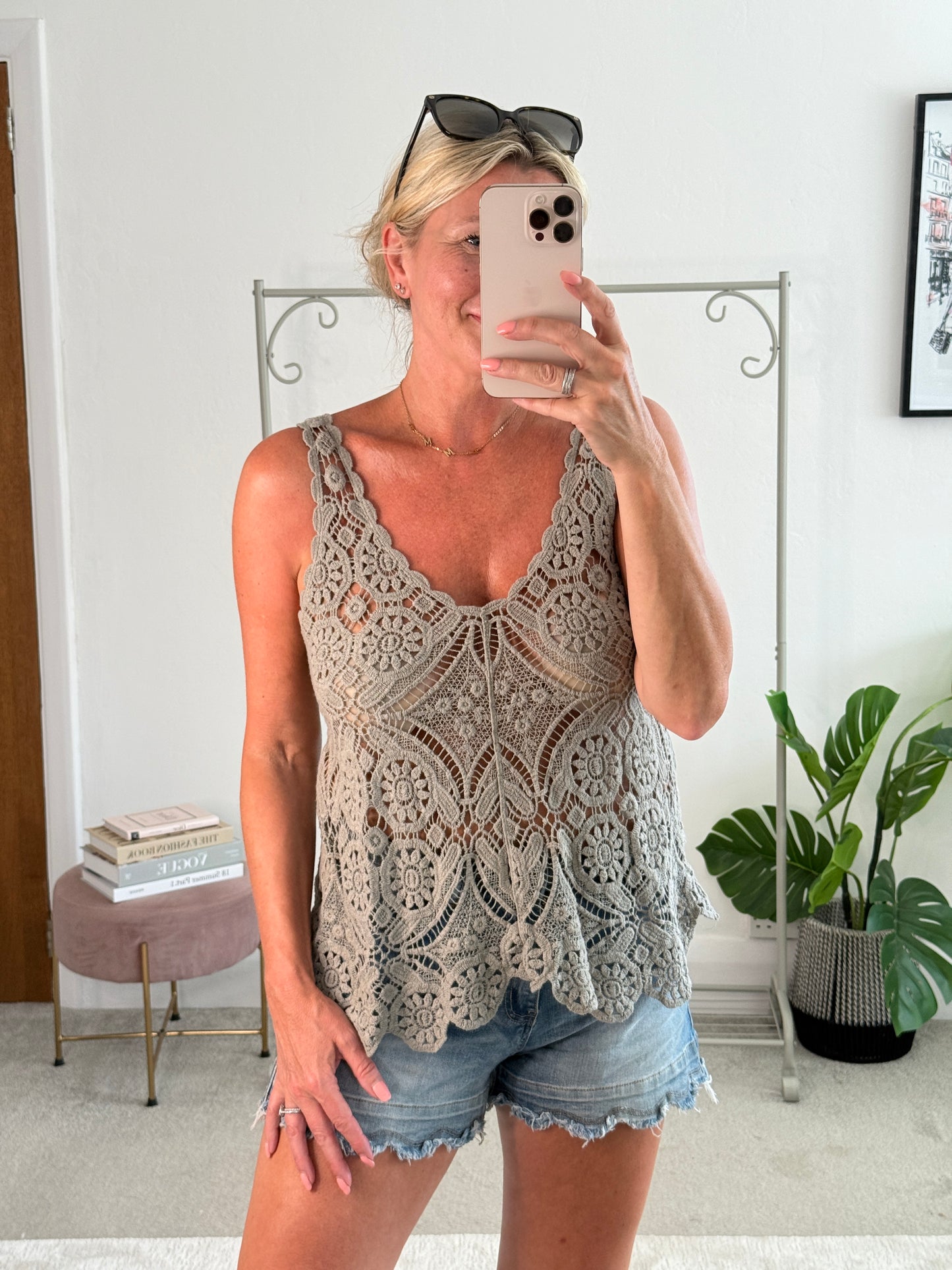 Mocha Cotton Crochet V-Neck Vest Top