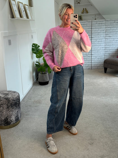 Pink Argyle Crew Neck Jumper