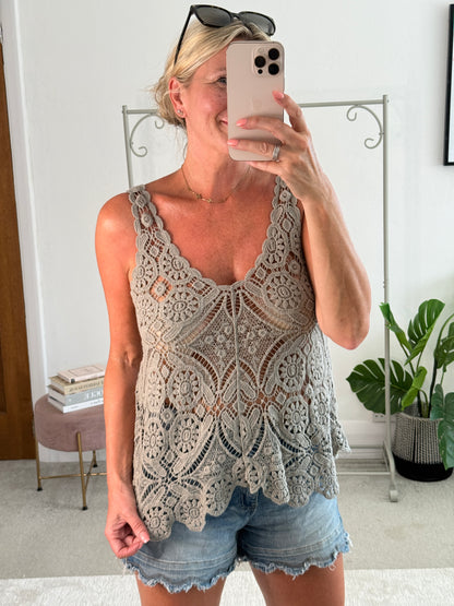 Mocha Cotton Crochet V-Neck Vest Top