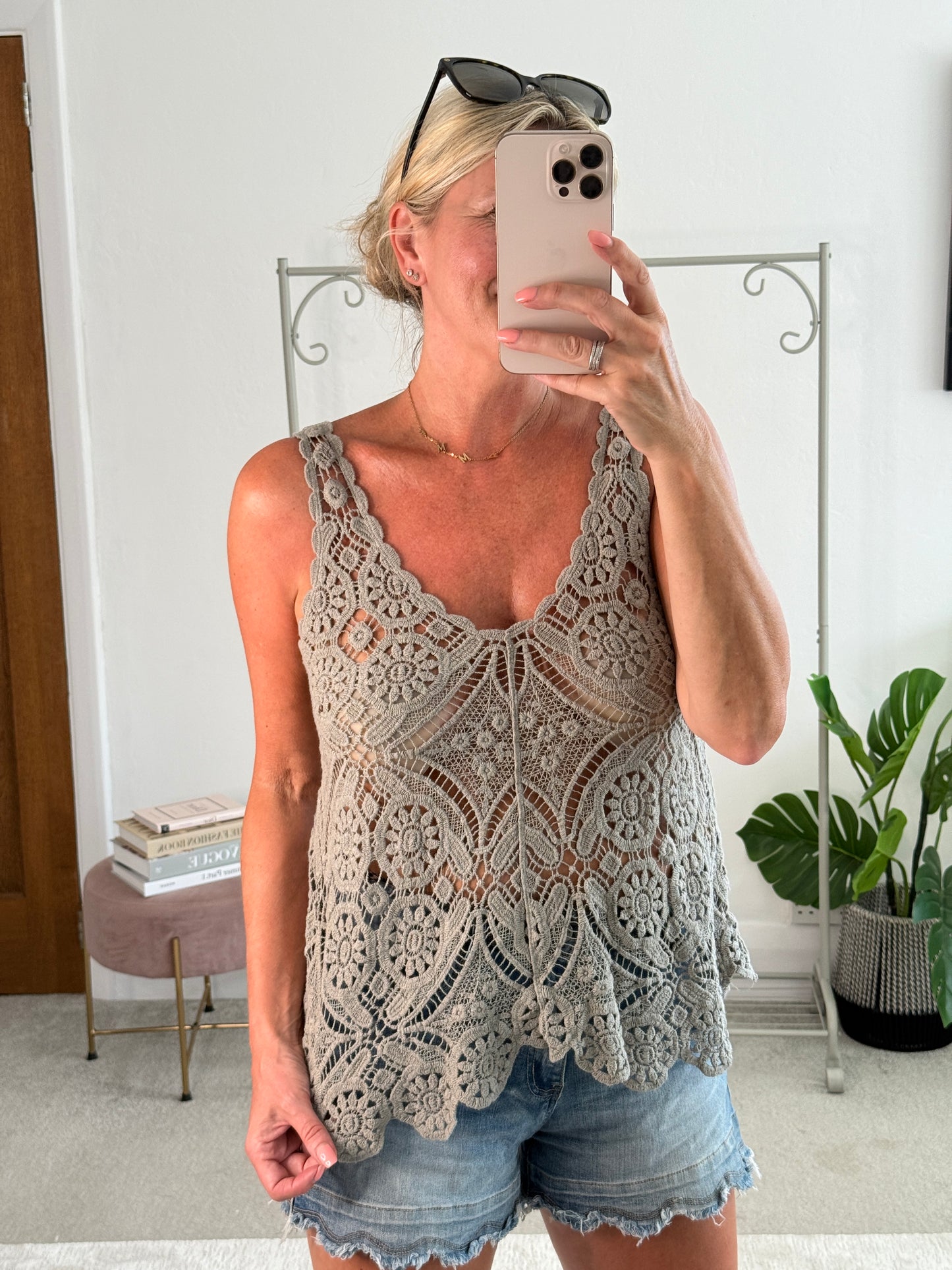 Mocha Cotton Crochet V-Neck Vest Top