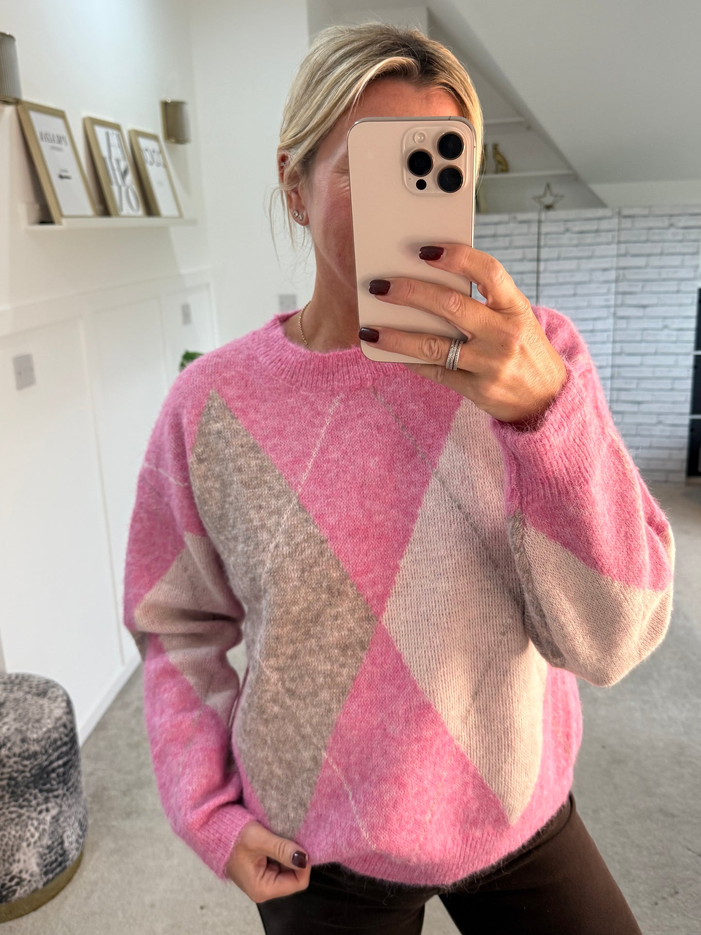 Pink Argyle Crew Neck Jumper