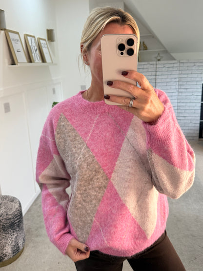 Pink Argyle Crew Neck Jumper