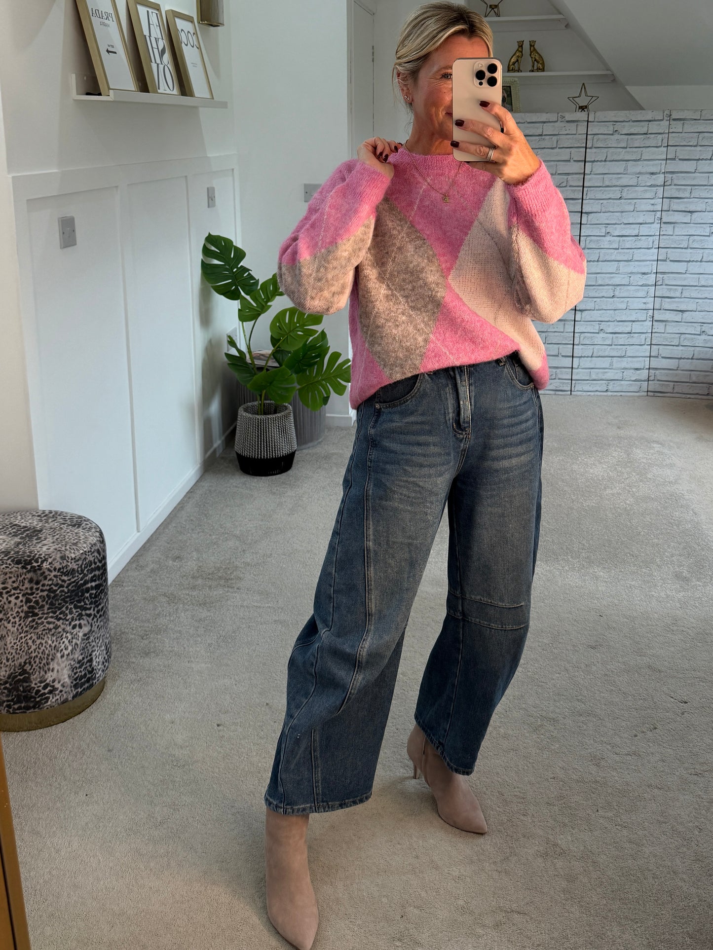 Pink Argyle Crew Neck Jumper