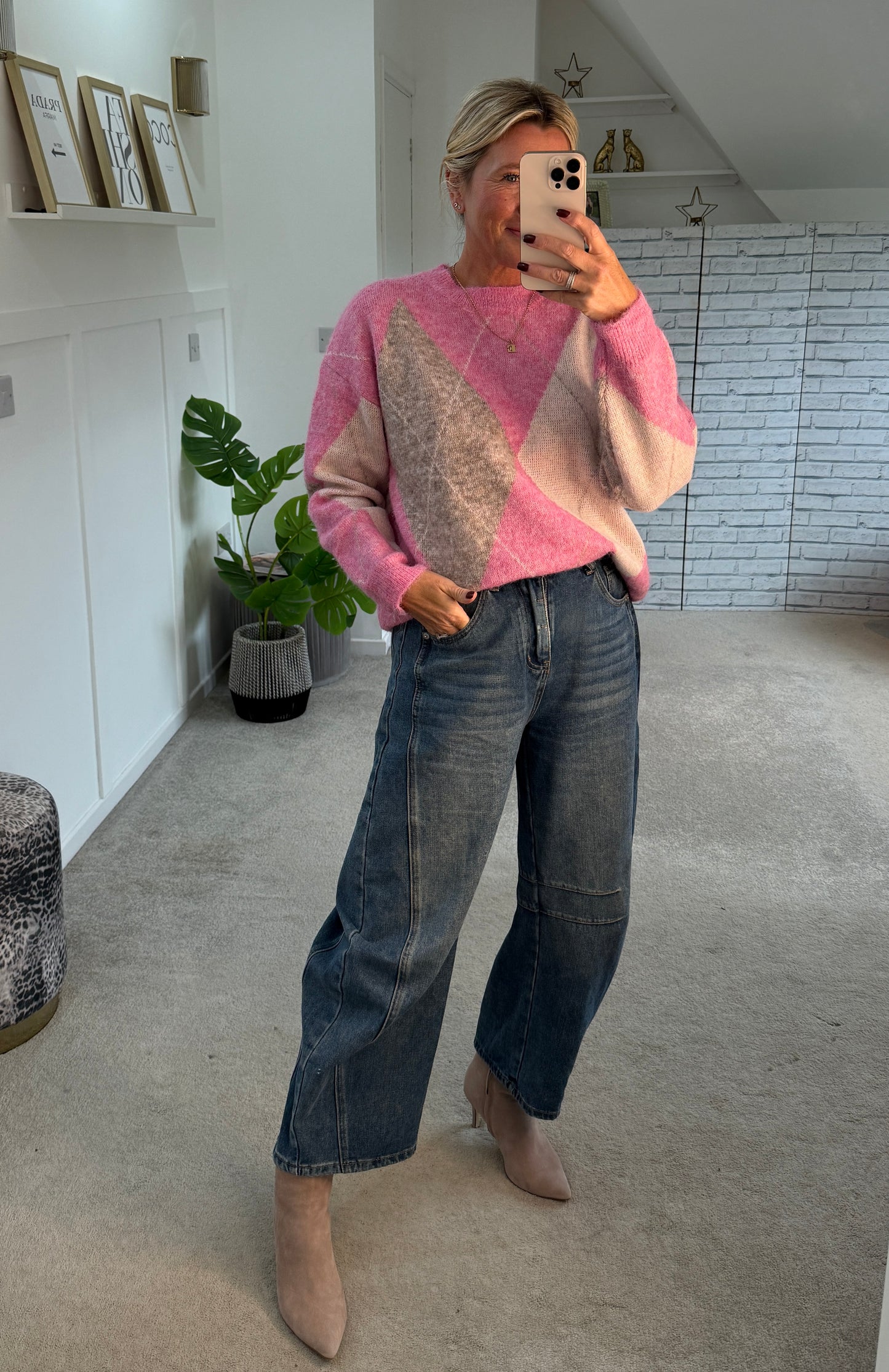 Pink Argyle Crew Neck Jumper