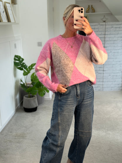 Pink Argyle Crew Neck Jumper