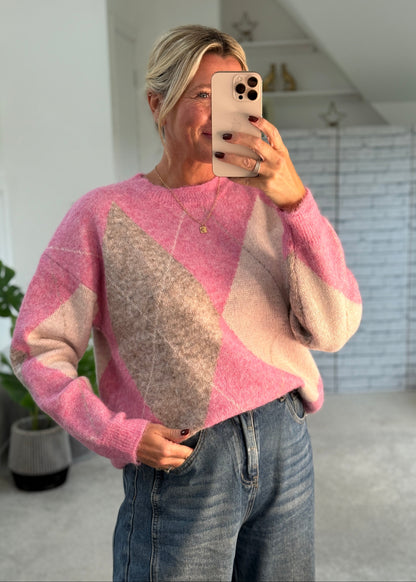 Pink Argyle Crew Neck Jumper