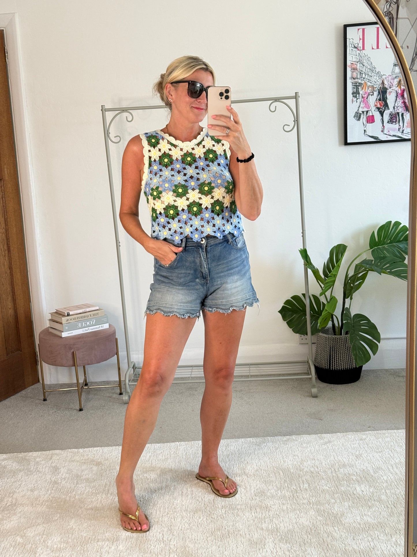 Blue/Green Daisy Crochet Knit Tank Top