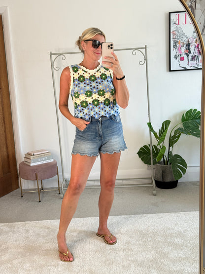 Blue/Green Daisy Crochet Knit Tank Top