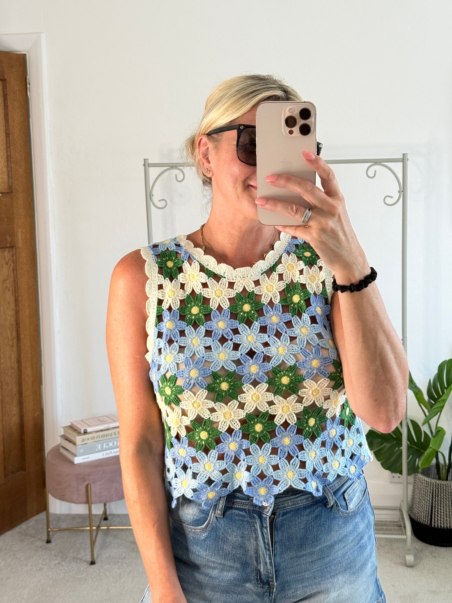Blue/Green Daisy Crochet Knit Tank Top