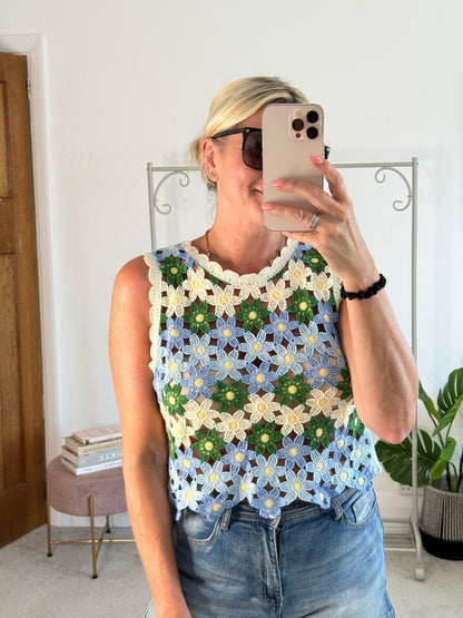 Blue/Green Daisy Crochet Knit Tank Top