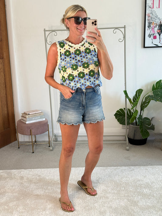 Blue/Green Daisy Crochet Knit Tank Top
