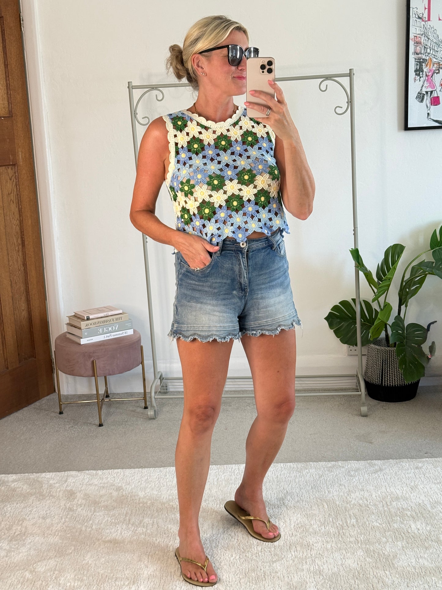 Blue/Green Daisy Crochet Knit Tank Top