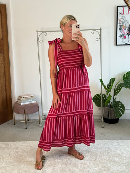 Pink/Red Striped Shirred Maxi Dress