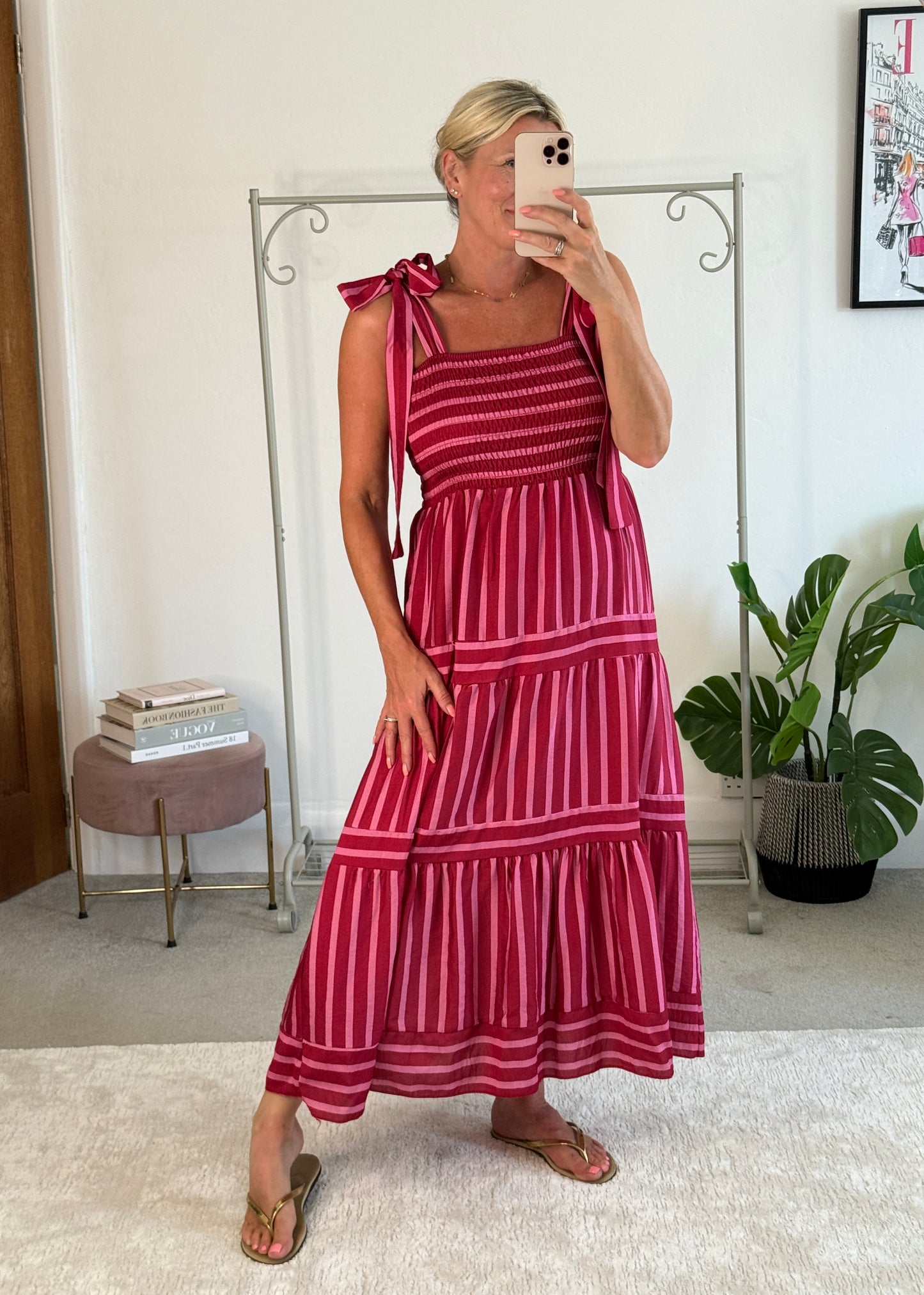 Pink/Red Striped Shirred Maxi Dress
