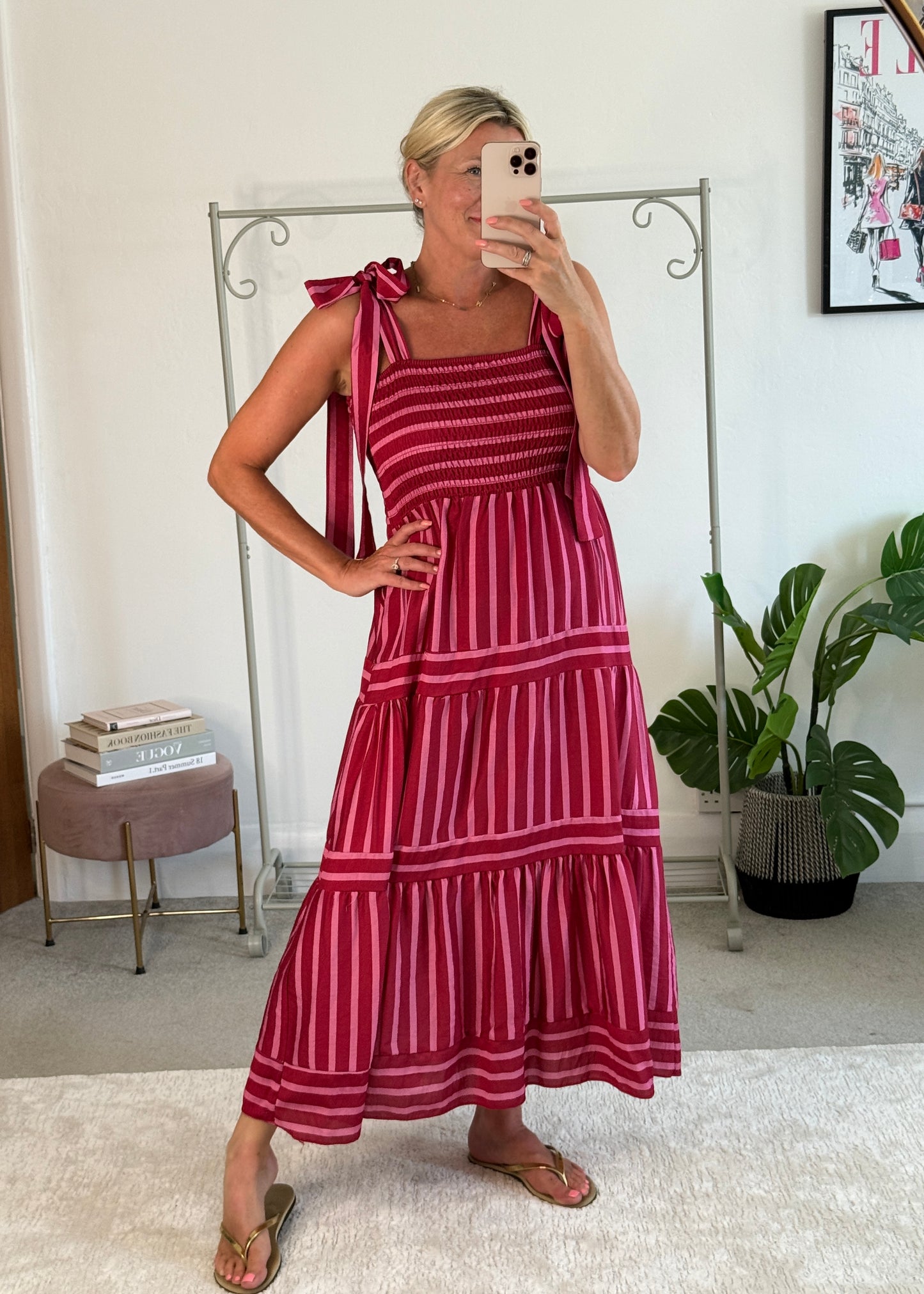 Pink/Red Striped Shirred Maxi Dress