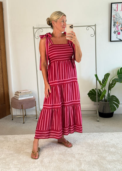 Pink/Red Striped Shirred Maxi Dress
