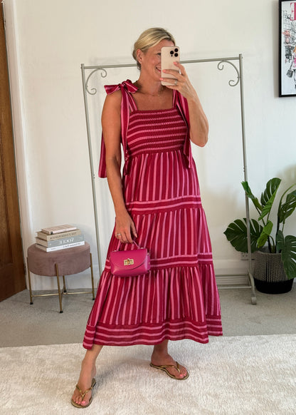 Pink/Red Striped Shirred Maxi Dress