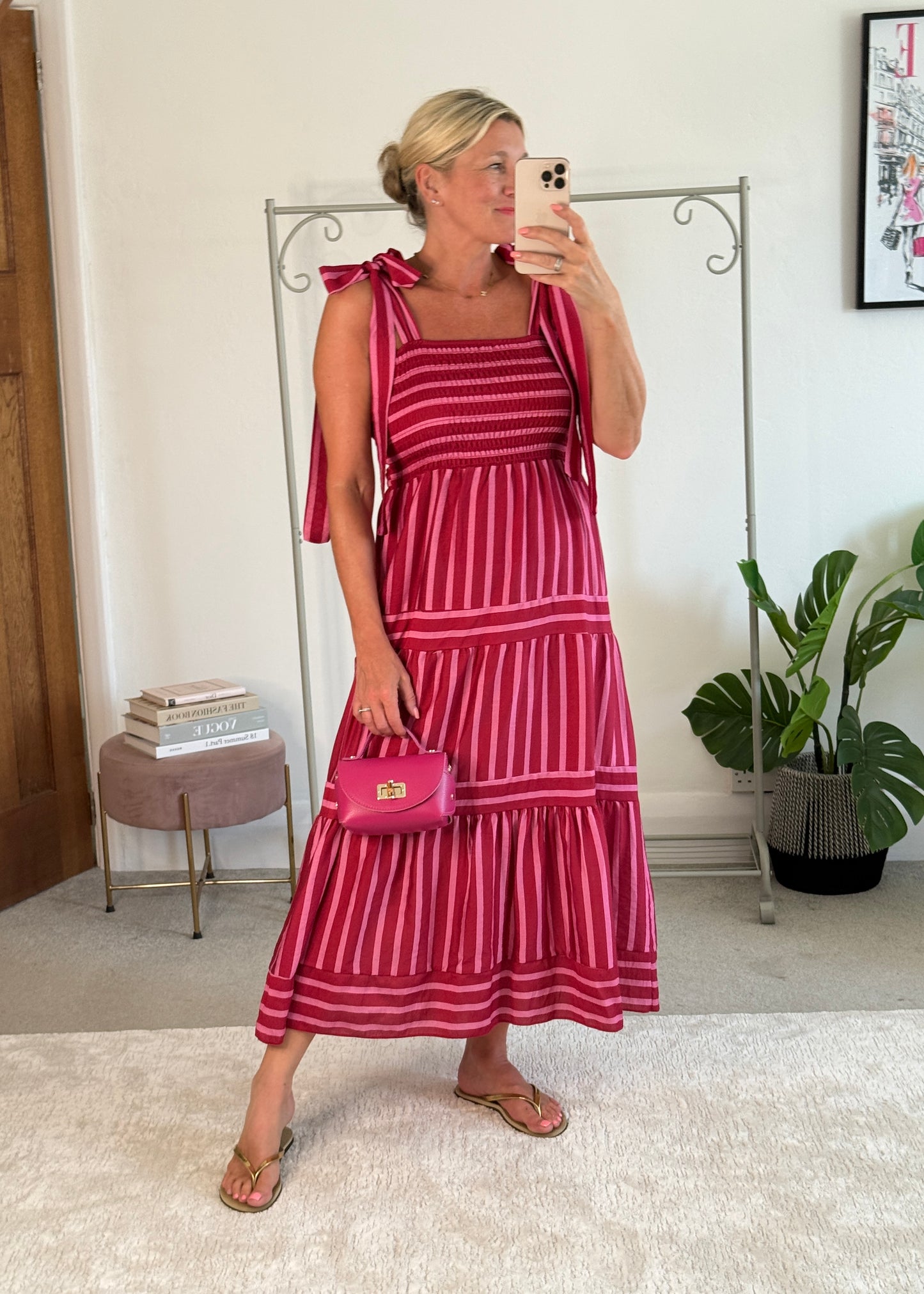Pink/Red Striped Shirred Maxi Dress
