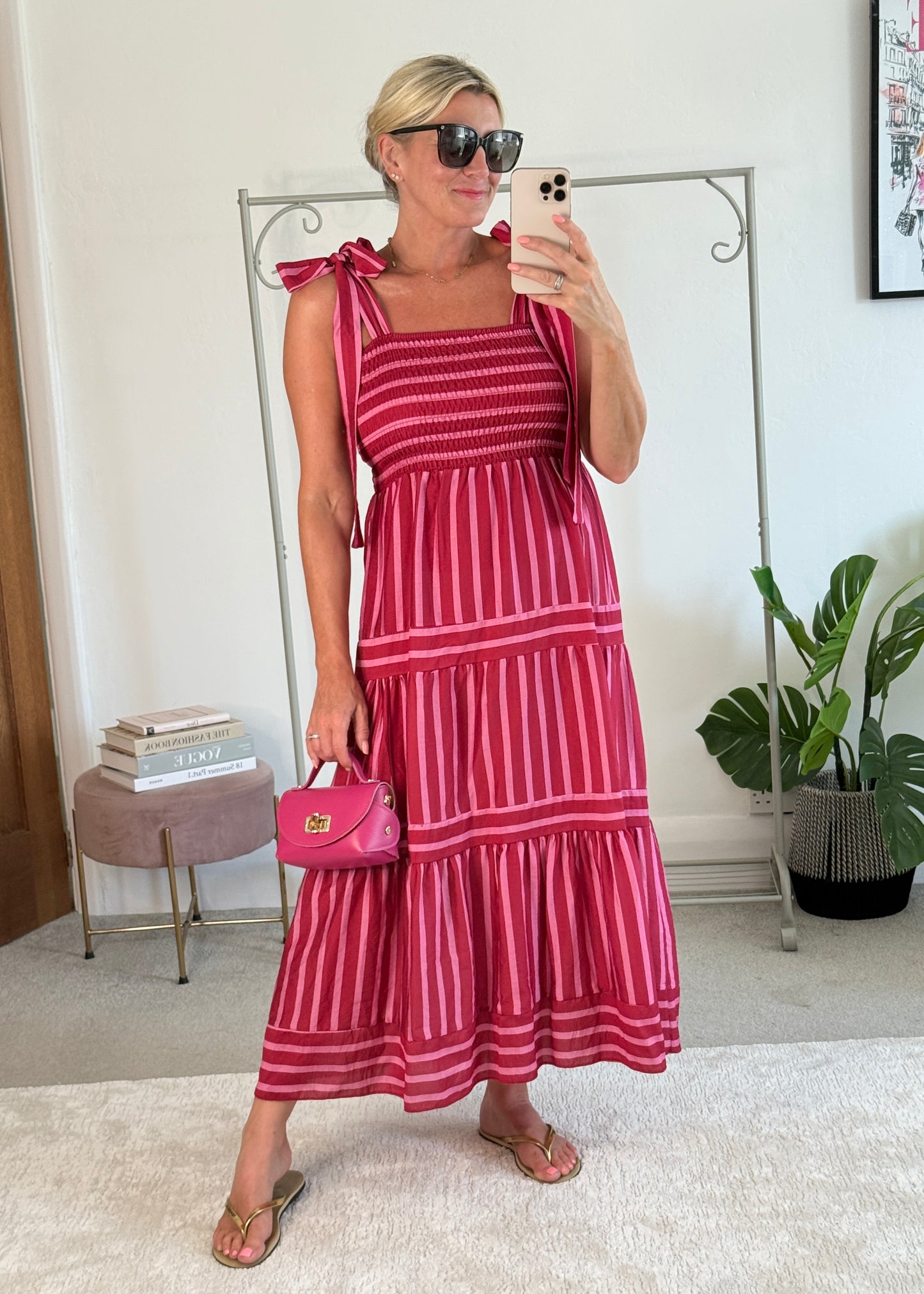 Pink/Red Striped Shirred Maxi Dress