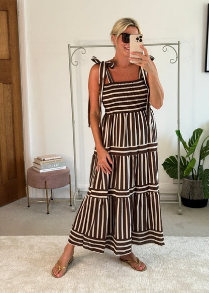 Brown/White Striped Shirred Maxi Dress