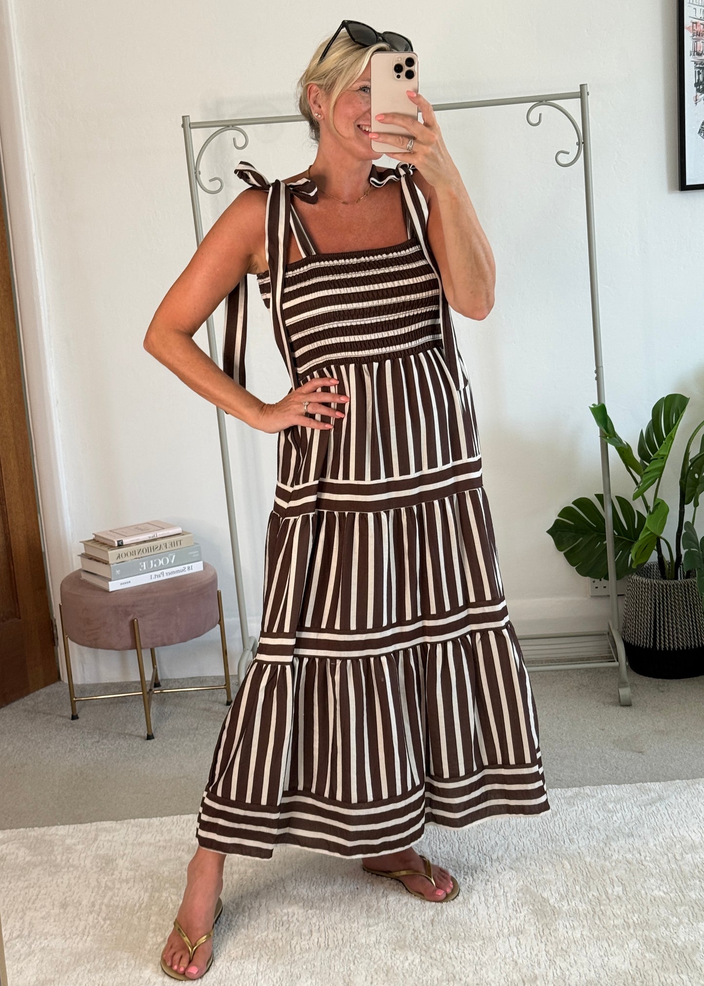 Brown/White Striped Shirred Maxi Dress