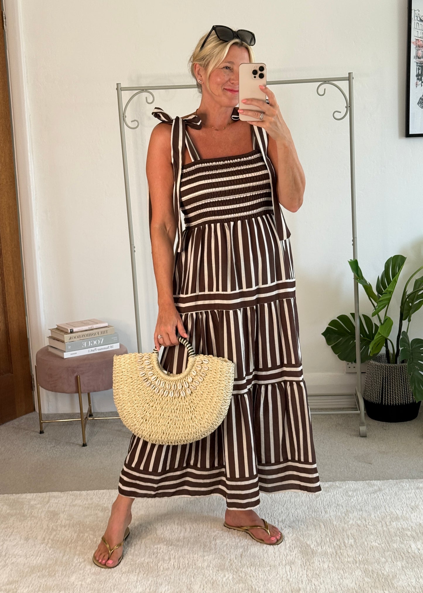 Brown/White Striped Shirred Maxi Dress
