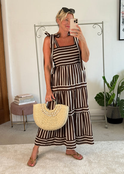 Brown/White Striped Shirred Maxi Dress