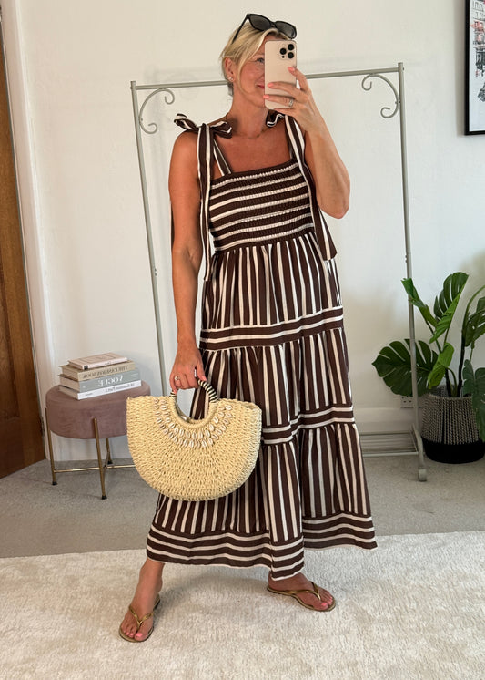 Brown/White Striped Shirred Maxi Dress