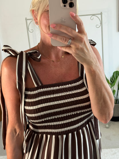 Brown/White Striped Shirred Maxi Dress