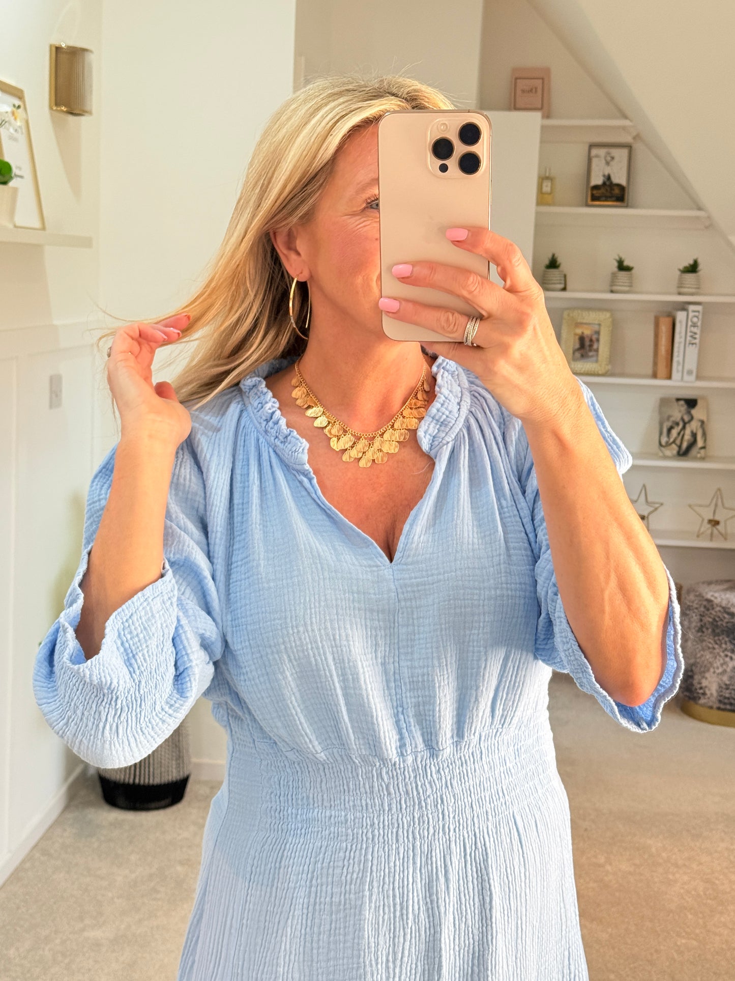 Powder Blue Cotton Cheesecloth V-Neck Tiered Dress