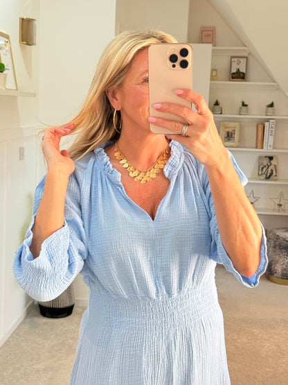Powder Blue Cotton Cheesecloth V-Neck Tiered Dress