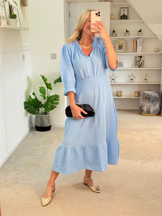 Powder Blue Cotton Cheesecloth V-Neck Tiered Dress