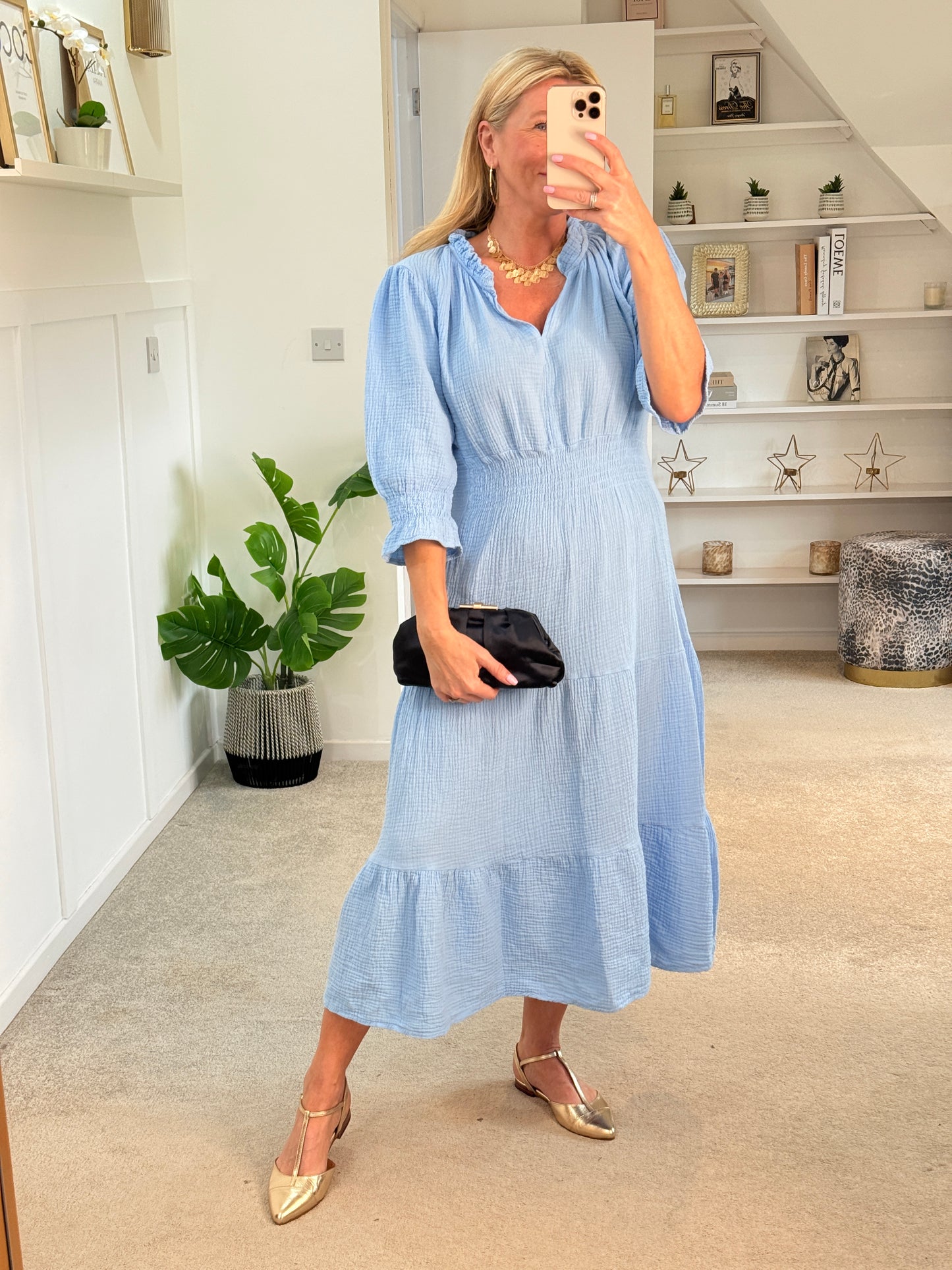 Powder Blue Cotton Cheesecloth V-Neck Tiered Dress