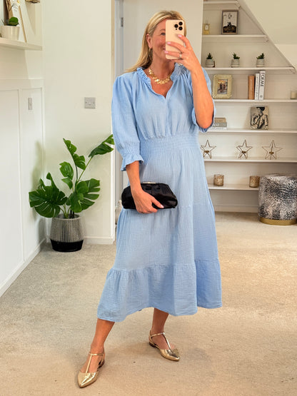Powder Blue Cotton Cheesecloth V-Neck Tiered Dress