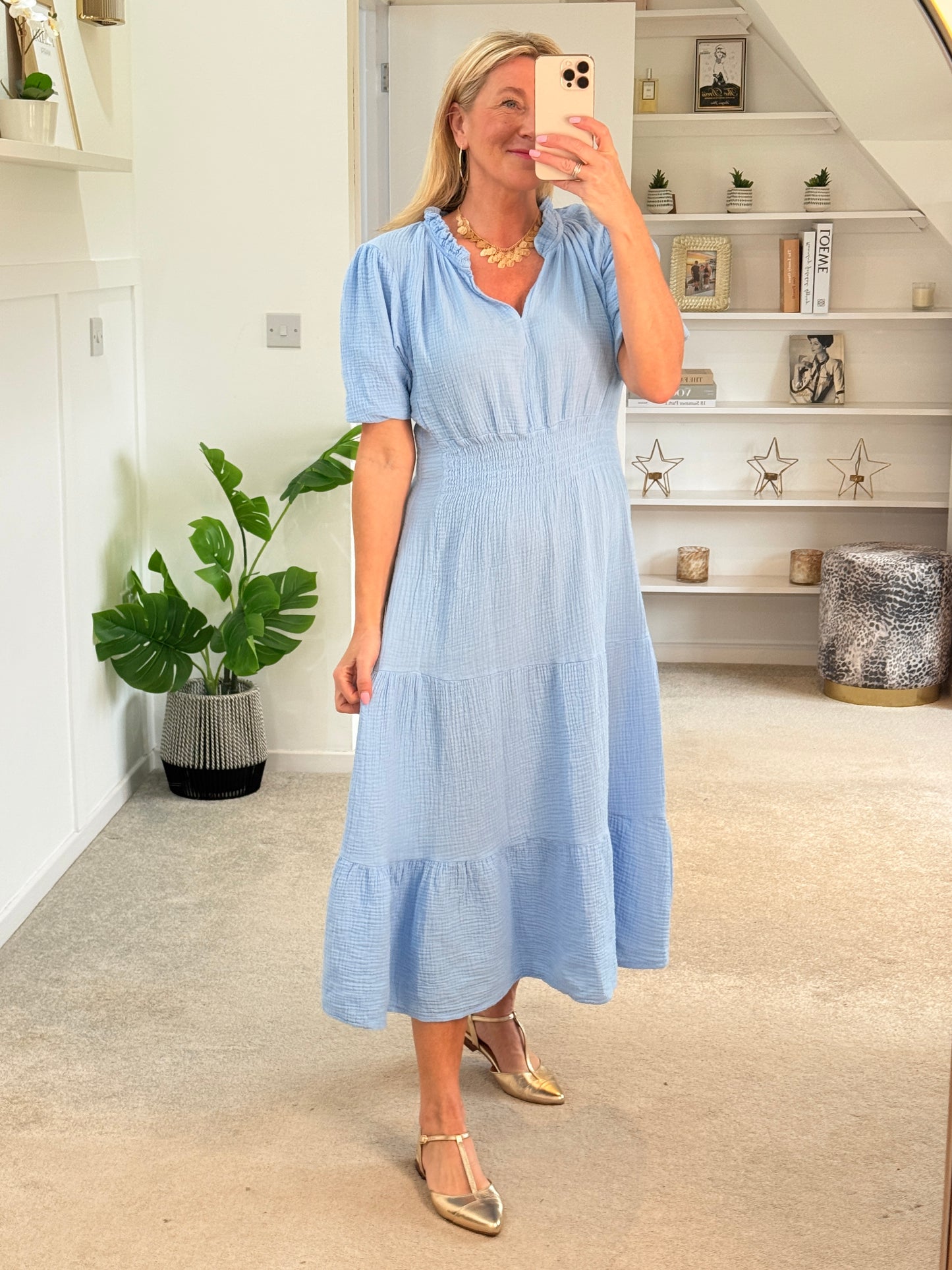 Powder Blue Cotton Cheesecloth V-Neck Tiered Dress