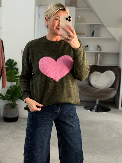 Khaki/Pink Heart Jumper