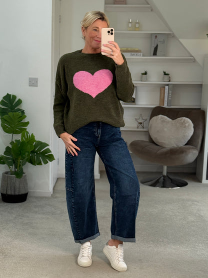 Khaki/Pink Heart Jumper