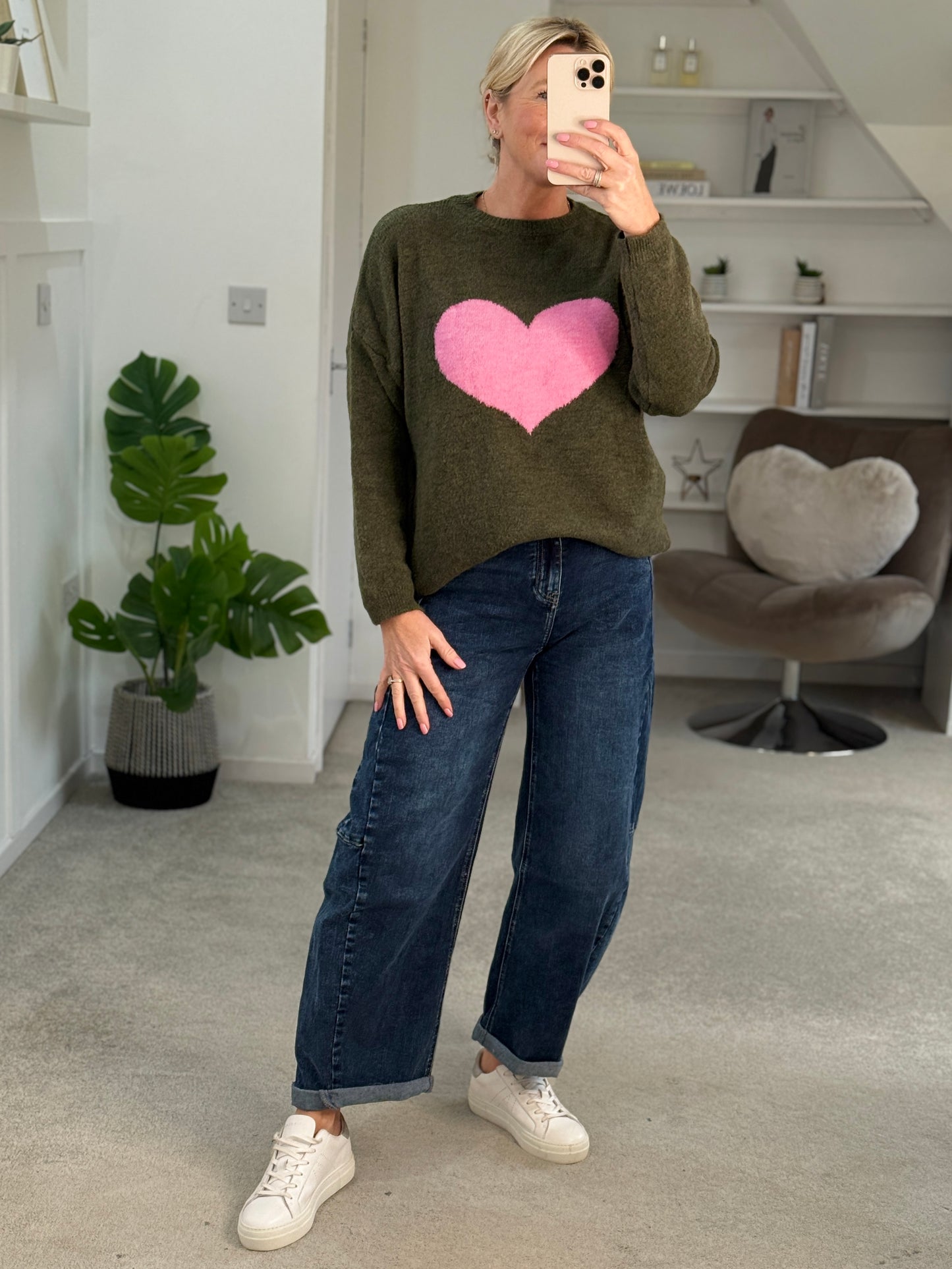 Khaki/Pink Heart Jumper
