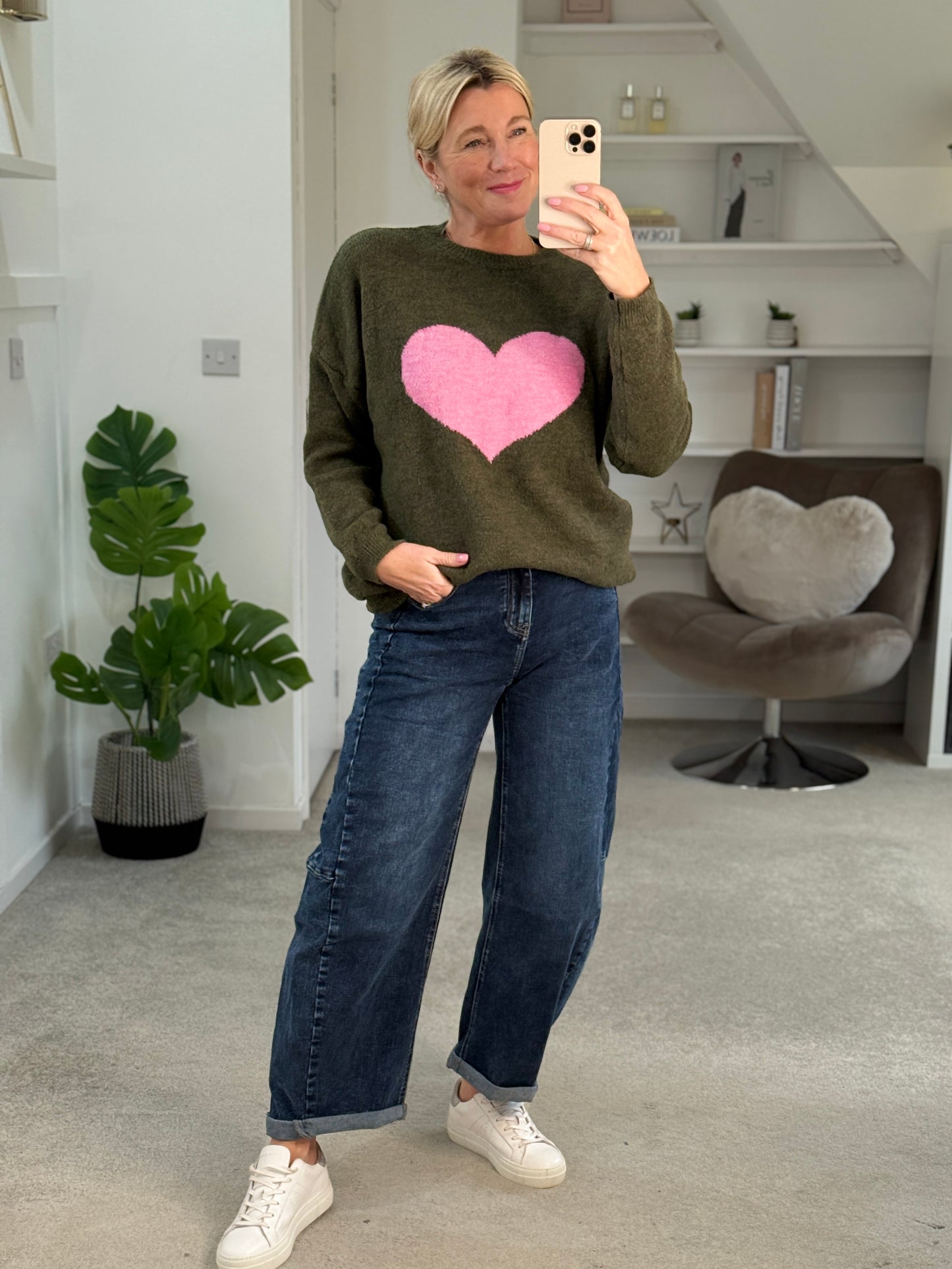 Khaki/Pink Heart Jumper