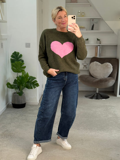 Khaki/Pink Heart Jumper