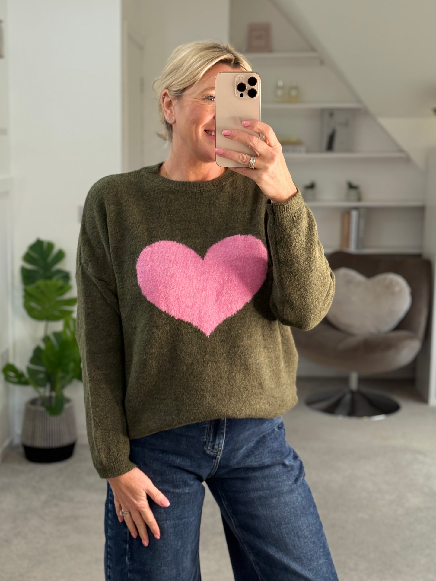Khaki/Pink Heart Jumper