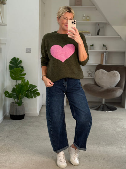 Khaki/Pink Heart Jumper