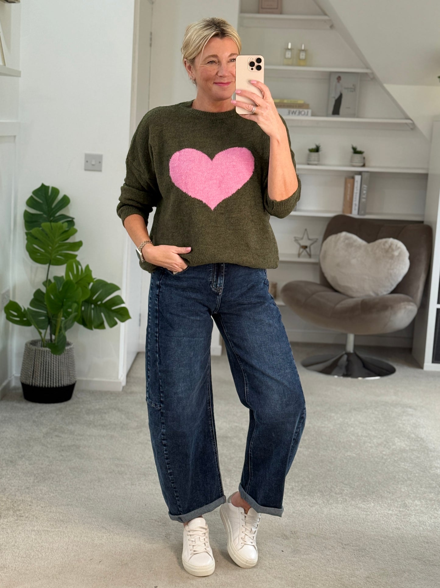 Khaki/Pink Heart Jumper