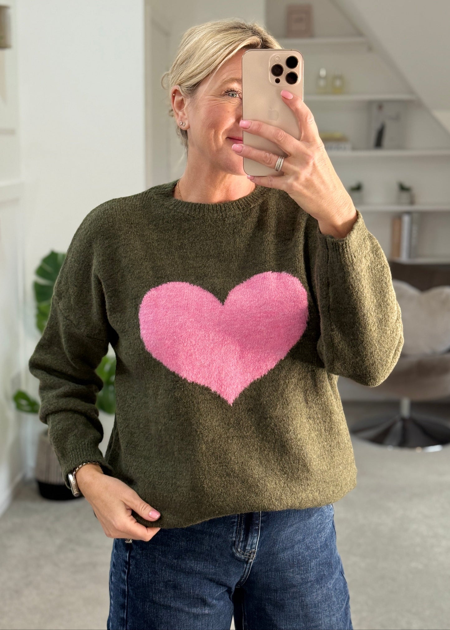 Khaki/Pink Heart Jumper