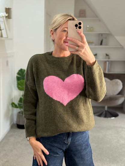 Khaki/Pink Heart Jumper